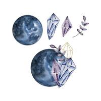 Watercolor moons with crystal and floral vector