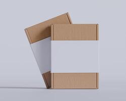 Brown cardboard boxes with a label white color isolated on gray background photo