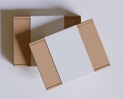 Brown cardboard boxes with a label white color isolated on gray background photo