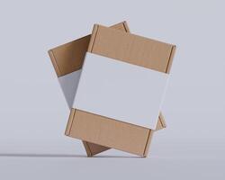 Brown cardboard boxes with a label white color isolated on gray background photo