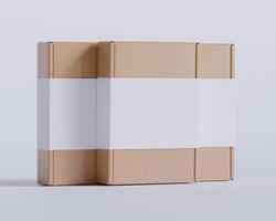 Brown cardboard boxes with a label white color isolated on gray background photo