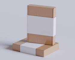 Brown cardboard boxes with a label white color isolated on gray background photo