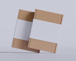 Brown cardboard boxes with a label white color isolated on gray background photo