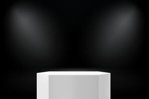 Dark studio with white podium and projectors. 3d illustration vector