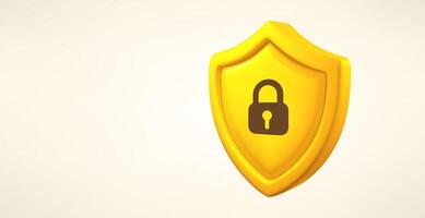 Yellow shield with lock sign isolated on white background. 3d banner with copy space vector