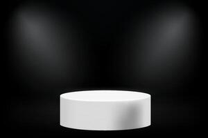 Dark studio with cylindrical podium and projectors. 3d illustration vector