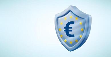 Metal shield with euro sign isolated on white background. 3d banner with copy space vector
