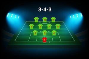 3-4-3 football team formation template. Soccer players with numbers. template vector