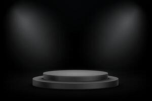 Black studio with projectors and podium. 3d mockup vector
