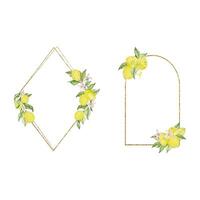 Gold frame with watercolor lemon, leaves and flowers set vector