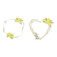 Gold frame with watercolor lemon, leaves and flowers set vector