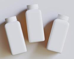 Empty square bottle white color on gray background 3D render illustration photo