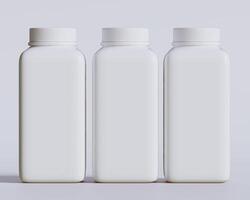 Empty square bottle white color on gray background 3D render illustration photo