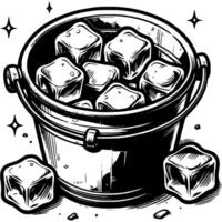 Metal drink bucket filled with ice cubes in monochrome. Ice in container for cooling cocktails. Simple minimalistic in black ink drawing on white background vector