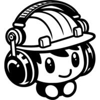 Little cheerful builder wearing protective helmet and headphones in monochrome. Compliance with safety regulations. Simple minimalistic in black ink drawing on white background vector
