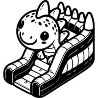 Little baby dragon slides down an inflatable slide in monochrome. Rides in children park. Simple minimalistic in black ink drawing on white background vector