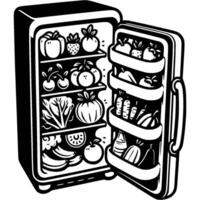 Open refrigerator filled with vegetables and fruits in monochrome. Vegan food set storage. Simple minimalistic in black ink drawing on white background vector