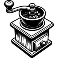 Classic coffee grinder with handle in monochrome. Simple minimalistic in black ink drawing on white background vector