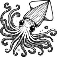 Giant sea squid with many tentacles in monochrome. Amazing sea creature. Simple minimalistic in black ink drawing on white background vector