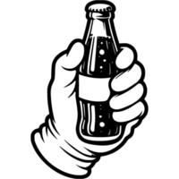 Friend hand gives glass bottle of soda to quench his thirst in monochrome. Simple minimalistic in black ink drawing on white background vector