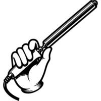 Hairdresser hand holds a hair curling iron in monochrome. Simple minimalistic in black ink drawing on white background vector