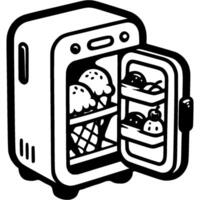 Refrigerator with open door filled with ice cream in monochrome. Storing ice cream in refrigerator. Simple minimalistic in black ink drawing on white background vector