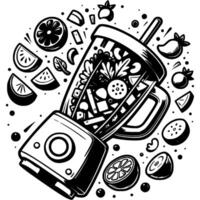 Berry fruit explosion of blender while preparing summer refreshing drink in monochrome. Simple minimalistic in black ink drawing on white background vector