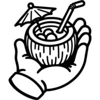 Bartender hand gives coconut cocktail halves of coconut in monochrome. Simple minimalistic in black ink drawing on white background vector