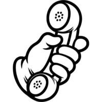 Hand of call center employee holds telephone receiver to call subscriber in monochrome. Simple minimalistic in black ink drawing on white background vector