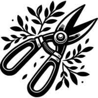 Garden hand pruner for trimming shrubs in monochrome. Trimming branches and leaves with garden shears. Simple minimalistic in black ink drawing on white background vector