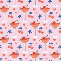 Cocktail seamless pattern. Retro background with glass of refreshing drink. Summer beach vacation concept. Flat style illustration. vector