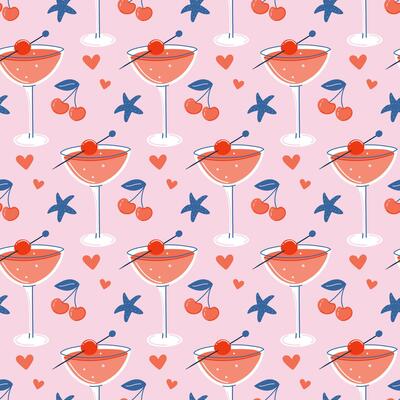 Cocktail seamless pattern. Retro background with glass of refreshing drink. Summer beach vacation concept. Flat style illustration.