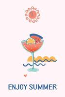 Daiquiri Cocktail. Glass of Summer fruit drink with watermelon and lime slices. Minimalistic retro style design. Hand drawn flat style illustration. vector