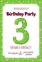 Kids third year birthday party invitation concept with cartoon number three. vector
