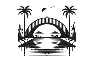 Beautiful Bridge on the river silhouette isolated black color in white background. Bridge icon vector