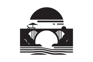 Beautiful Bridge on the river silhouette isolated black color in white background. Bridge icon vector