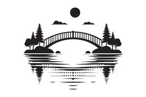 Beautiful Bridge on the river silhouette isolated black color in white background. Bridge icon vector