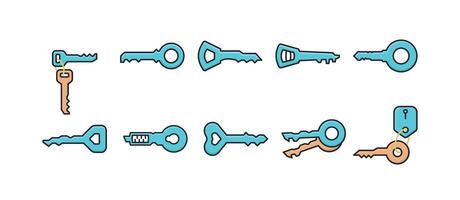 Old key and keyring flat illustration bundle with outline stroke vector
