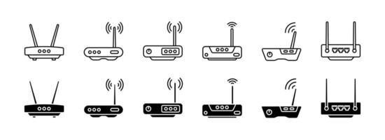 Simple wireless router and access point outline and field icon set vector
