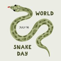 Trendy cute poster for World Snake Day at 16th of July with cartoon jungle serpent and typography. Holiday concept for website, banner, background, card to raise awareness about importance of snakes. vector