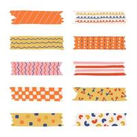 Cartoon set of washi tape stripes with squiggle, geometry and cute pattern. adhesive tapes with colorful hand drawn memphis ornament. Trendy decorative scotch tape with ragged edges. vector
