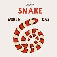 Simple cute banner for World Snake Day at 16th of July with cartoon rolled elapidae snake, lettering. Holiday template for website, poster, background to raise awareness about importance of snakes. vector