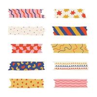 Big cartoon set of washi tape stripes with squiggle, geometry and cute pattern. adhesive tapes with colorful hand drawn memphis ornament. Trendy decorative scotch tape with ragged edges. vector