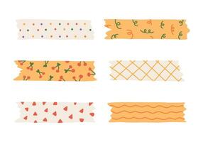 Cartoon set of washi tape stripes with squiggle, geometry and cute pattern. adhesive tapes with colorful hand drawn memphis ornament. Trendy decorative scotch tape with ragged edges. vector
