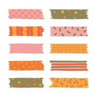 Big cartoon set of washi tape stripes with squiggle, geometry and cute pattern. adhesive tapes with colorful hand drawn memphis ornament. Trendy decorative scotch tape with ragged edges. vector