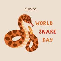 Minimalistic cute banner for World Snake Day at 16th of July with cartoon jungle rattlesnake and lettering. Holiday concept for poster, background, card to raise awareness about importance of snakes. vector