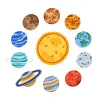 Funny cartoon set with planets and satellite of Solar System flying around the Sun in sequence. Hand drawn doodle with astronomy celestial bodies Sun, Moon, Earth for kids infographic, space placard. vector