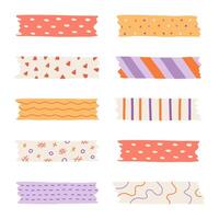Cartoon set of washi tape stripes with squiggle, geometry and cute pattern. adhesive tapes with colorful hand drawn memphis ornament. Trendy decorative scotch tape with ragged edges. vector