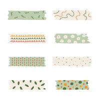 Cartoon set of washi tape stripes with squiggle, geometry and cute pattern. adhesive tapes with colorful hand drawn memphis ornament. Trendy decorative scotch tape with ragged edges. vector