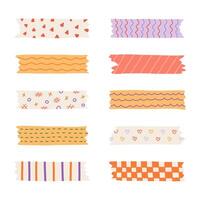 Cartoon set of washi tape stripes with squiggle, geometry and cute pattern. adhesive tapes with colorful hand drawn memphis ornament. Trendy decorative scotch tape with ragged edges. vector